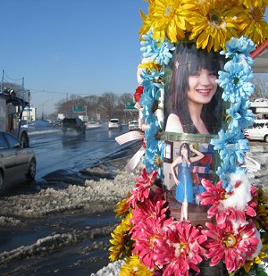 A memorial for Brittany Vega, who was killed while walking to school last year. (photo via the Tri-State Transportation Campaign)