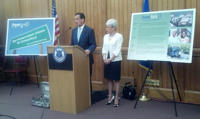 Governor Malloy and Lt. Governor Nancy Wyman discuss the Transform CT plan at the State Capitol.
