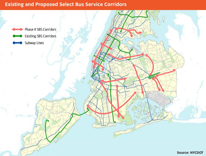 The plan calls for the expansion of the City's Select Bus Service network. | Image: PlaNYC
