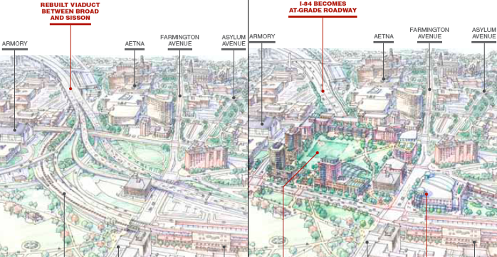 The 2010 Hub of Hartford study looked at dramatic alternatives for the segment of I-84 that cuts off downtown Hartford from other parts of the city. Rather than simply rebuilding the highway viaducts as-is (depicted at left), planners say that bringing