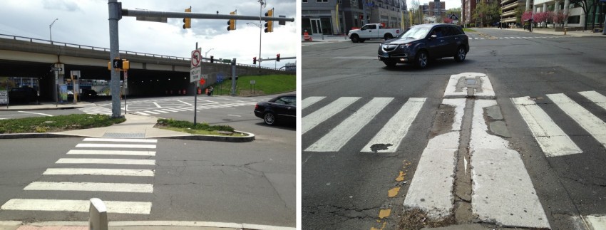 Stamford's new Complete Streets ordinance should guide the City toward building more crossing islands like the one on the left, and fewer like the one on the right. | Photos: Joseph Cutrufo/TSTC