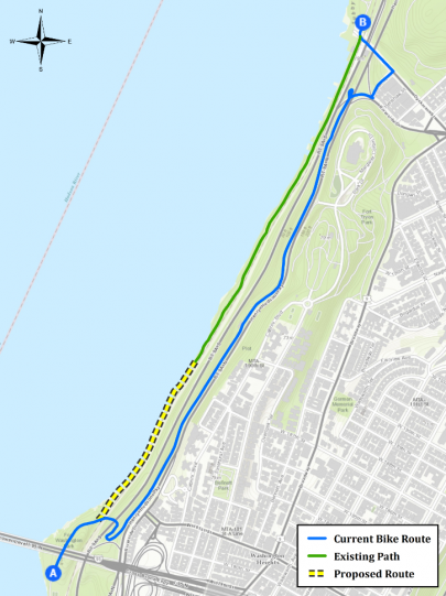 A proposed waterfront connection would extend the Hudson River Greenway along the waterfront from the George Washington Bridge to the northern tip of Manhattan. The current route requires steep hills and switchbacks. | Map: Ryan Hall/TSTC