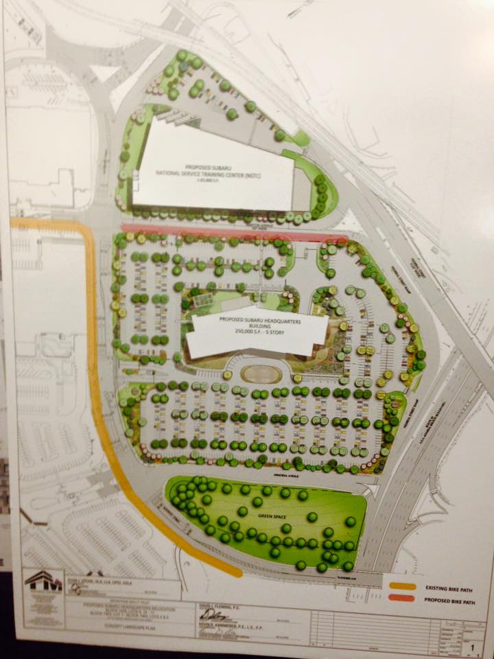 Photo of current site plans with 1,031 new parking spaces and few pedestrian and bicyclist-focused facilities.